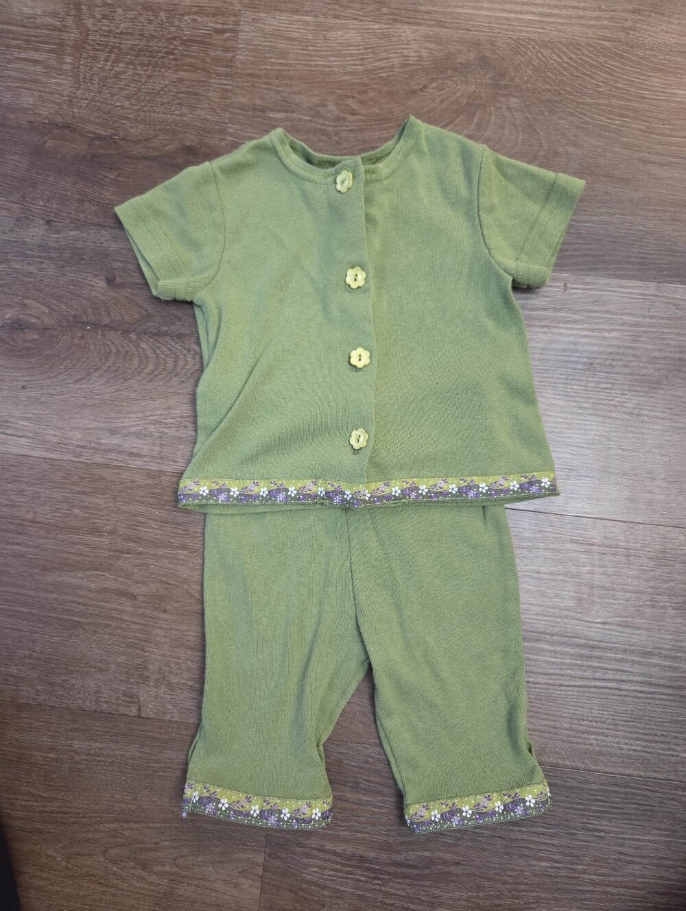 Vintage Baby Girls Green Outfit Set, Jacquard Ribbon Trim, Flower Buttons